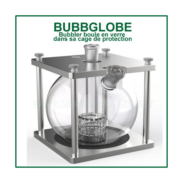 BubbGlobe filtre à eau sphérique en verre dans sa cage de protection 